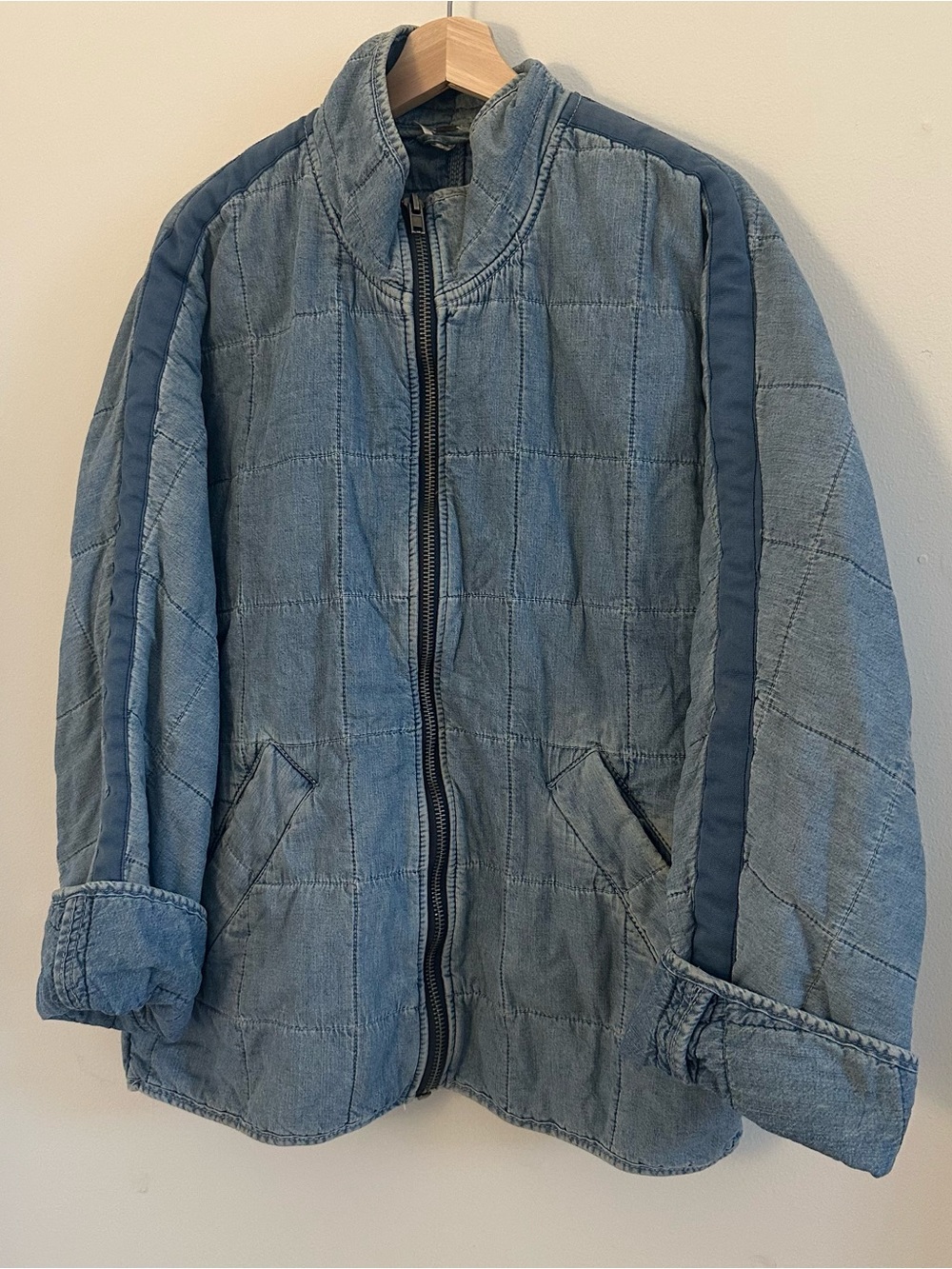 Free People Blue Quilted Denim-Style Puffer Jacket